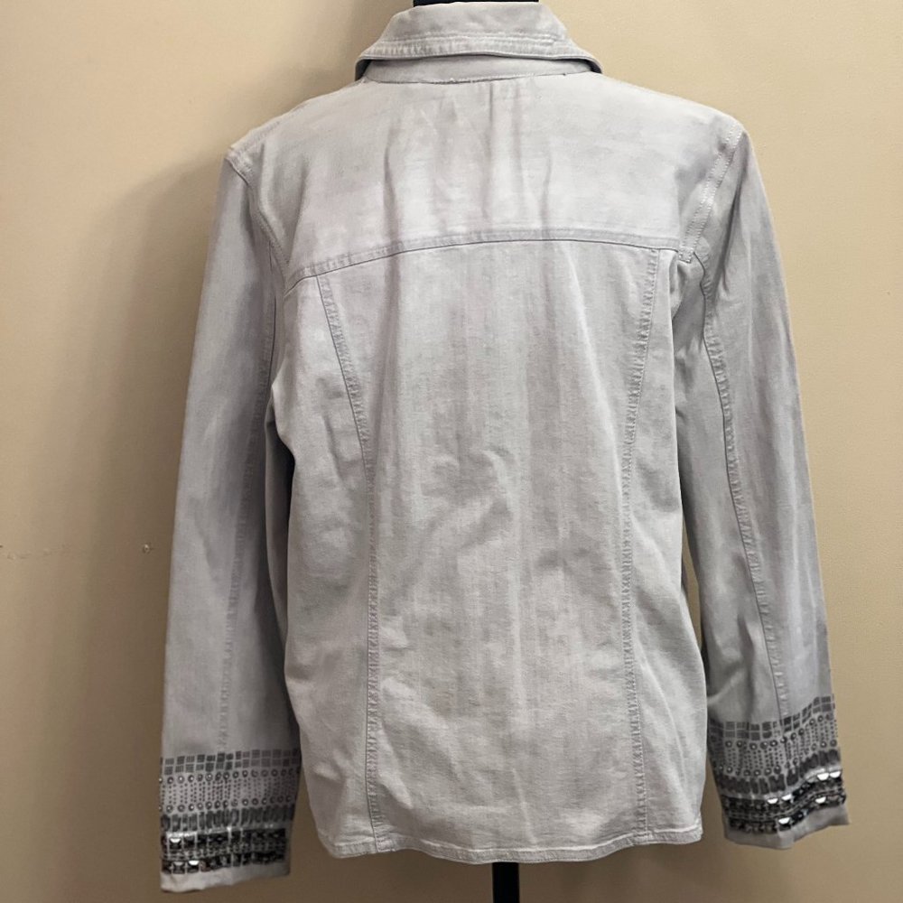 Chico's Platinum Collection, Gray Denim Jacket Beaded Rhinestones Sequins Size 2 - Picture 2 of 5
